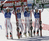 Winning team of Austria with Philipp Schoerghofer (L), Michaela Kirchgasser (2nd from L), Marcel Mathis (2nd from R) and Eva-Maria Brem (R) celebrating their victory in team event race of Audi FIS Alpine skiing World cup finals in Schladming, Austria. Team event race of Audi FIS Alpine skiing World cup finals was held in Schladming, Austria, on Friday, 16th of March 2012.
