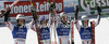 Winning team of Austria with Philipp Schoerghofer (L), Michaela Kirchgasser (2nd from L), Marcel Mathis (2nd from R) and Eva-Maria Brem (R) celebrating their victory in team event race of Audi FIS Alpine skiing World cup finals in Schladming, Austria. Team event race of Audi FIS Alpine skiing World cup finals was held in Schladming, Austria, on Friday, 16th of March 2012.
