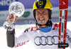 Overall giant slalom FIS World cup winner Marcel Hirscher of Austria celebrates his trophy after second run of men giant slalom race of Audi FIS Alpine skiing World cup finals in Schladming, Austria. Men giant slalom race of Audi FIS Alpine skiing World cup finals was held in Schladming, Austria, on Saturday, 17th of March 2012.
