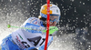 Axel Baeck of Sweden skiing in first run of men slalom race of Audi FIS Alpine skiing World cup finals in Schladming, Austria. Men slalom race of Audi FIS Alpine skiing World cup finals was held in Schladming, Austria, on Sunday, 18th of March 2012.
