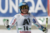 Tanja Poutiainen of Finland reacts in finish of second run of women giant slalom race of Audi FIS Alpine skiing World cup finals in Schladming, Austria. Women giant slalom race of Audi FIS Alpine skiing World cup finals was held in Schladming, Austria, on Sunday, 18th of March 2012.
