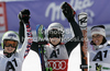 Winner Viktoria Rebensburg of Germany (M), second placed Anna Fenninger of Austria (L) and third placed Federica Brignone of Italy (R)  celebrate their medals won in women giant slalom race of Audi FIS Alpine skiing World cup finals in Schladming, Austria. Women giant slalom race of Audi FIS Alpine skiing World cup finals was held in Schladming, Austria, on Sunday, 18th of March 2012.
