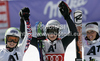 Winner Viktoria Rebensburg of Germany (M), second placed Anna Fenninger of Austria (L) and third placed Federica Brignone of Italy (R)  celebrate their medals won in women giant slalom race of Audi FIS Alpine skiing World cup finals in Schladming, Austria. Women giant slalom race of Audi FIS Alpine skiing World cup finals was held in Schladming, Austria, on Sunday, 18th of March 2012.
