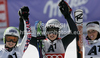 Winner Viktoria Rebensburg of Germany (M), second placed Anna Fenninger of Austria (L) and third placed Federica Brignone of Italy (R)  celebrate their medals won in women giant slalom race of Audi FIS Alpine skiing World cup finals in Schladming, Austria. Women giant slalom race of Audi FIS Alpine skiing World cup finals was held in Schladming, Austria, on Sunday, 18th of March 2012.
