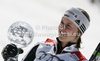 Overall giant slalom World cup winner Viktoria Rebensburg of Germany celebrates her trophy after end of last women giant slalom race of Audi FIS Alpine skiing World cup finals in Schladming, Austria. Women giant slalom race of Audi FIS Alpine skiing World cup finals was held in Schladming, Austria, on Sunday, 18th of March 2012.
