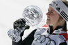 Overall giant slalom World cup winner Viktoria Rebensburg of Germany celebrates her trophy after end of last women giant slalom race of Audi FIS Alpine skiing World cup finals in Schladming, Austria. Women giant slalom race of Audi FIS Alpine skiing World cup finals was held in Schladming, Austria, on Sunday, 18th of March 2012.
