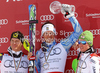 Winner Andre Myhrer of Sweden (M), second placed Ivica Kostelic of Croatia (L) and third placed Marcel Hirscher of Austria (R) celebrate their overall slalom World cup medals after men slalom race of Audi FIS Alpine skiing World cup finals in Schladming, Austria. Men slalom race of Audi FIS Alpine skiing World cup finals was held in Schladming, Austria, on Sunday, 18th of March 2012.
