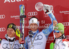 Winner Andre Myhrer of Sweden (M), second placed Ivica Kostelic of Croatia (L) and third placed Marcel Hirscher of Austria (R) celebrate their overall slalom World cup medals after men slalom race of Audi FIS Alpine skiing World cup finals in Schladming, Austria. Men slalom race of Audi FIS Alpine skiing World cup finals was held in Schladming, Austria, on Sunday, 18th of March 2012.
