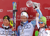 Winner Andre Myhrer of Sweden (M), second placed Ivica Kostelic of Croatia (L) and third placed Marcel Hirscher of Austria (R) celebrate their overall slalom World cup medals after men slalom race of Audi FIS Alpine skiing World cup finals in Schladming, Austria. Men slalom race of Audi FIS Alpine skiing World cup finals was held in Schladming, Austria, on Sunday, 18th of March 2012.
