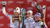 Winner Viktoria Rebensburg of Germany (M), second placed Lindsey Vonn of USA (L) and third placed Tessa Vorley of France (R) celebrate their overall giant slalom World cup medals after women giant slalom race of Audi FIS Alpine skiing World cup finals in Schladming, Austria. Women giant slalom race of Audi FIS Alpine skiing World cup finals was held in Schladming, Austria, on Sunday, 18th of March 2012.
