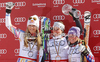 Winner Viktoria Rebensburg of Germany (M), second placed Lindsey Vonn of USA (L) and third placed Tessa Vorley of France (R) celebrate their overall giant slalom World cup medals after women giant slalom race of Audi FIS Alpine skiing World cup finals in Schladming, Austria. Women giant slalom race of Audi FIS Alpine skiing World cup finals was held in Schladming, Austria, on Sunday, 18th of March 2012.
