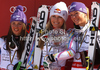 Overall FIS alpine skiing World cup winner Lindsey Vonn of USA (M), second placed Tina Maze of Slovenia (L) and third placed Maria Hoefl-Riesch of Germany (R) celebrate their medals after last race of Audi FIS Alpine skiing World cup finals in Schladming, Austria. Last women race of Audi FIS Alpine skiing World cup finals was held in Schladming, Austria, on Sunday, 18th of March 2012.
