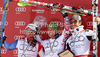 Overall FIS alpine skiing World cup winner Marcel Hirscher of Austria (M), second placed Beat Feuz of Switzerland (L) and third placed Aksel Lund Svindal of Norway (R) celebrate their medals after last race of Audi FIS Alpine skiing World cup finals in Schladming, Austria. Last men race of Audi FIS Alpine skiing World cup finals was held in Schladming, Austria, on Sunday, 18th of March 2012.
