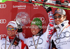 Overall FIS alpine skiing World cup winner Marcel Hirscher of Austria (M), second placed Beat Feuz of Switzerland (L) and third placed Aksel Lund Svindal of Norway (R) celebrate their medals after last race of Audi FIS Alpine skiing World cup finals in Schladming, Austria. Last men race of Audi FIS Alpine skiing World cup finals was held in Schladming, Austria, on Sunday, 18th of March 2012.
