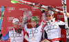 Overall FIS alpine skiing World cup winner Marcel Hirscher of Austria (M), second placed Beat Feuz of Switzerland (L) and third placed Aksel Lund Svindal of Norway (R) celebrate their medals after last race of Audi FIS Alpine skiing World cup finals in Schladming, Austria. Last men race of Audi FIS Alpine skiing World cup finals was held in Schladming, Austria, on Sunday, 18th of March 2012.
