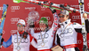 Overall FIS alpine skiing World cup winner Marcel Hirscher of Austria (M), second placed Beat Feuz of Switzerland (L) and third placed Aksel Lund Svindal of Norway (R) celebrate their medals after last race of Audi FIS Alpine skiing World cup finals in Schladming, Austria. Last men race of Audi FIS Alpine skiing World cup finals was held in Schladming, Austria, on Sunday, 18th of March 2012.
