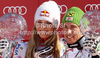 Overall Men FIS alpine skiing World cup winner Marcel Hirscher of Austria (R) and overall Women FIS alpine skiing World cup winner Lindsey Vonn of USA celebrate their trophies after last race of Audi FIS Alpine skiing World cup finals in Schladming, Austria. Last race of Audi FIS Alpine skiing World cup finals was held in Schladming, Austria, on Sunday, 18th of March 2012.
