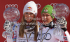 Overall Men FIS alpine skiing World cup winner Marcel Hirscher of Austria (R) and overall Women FIS alpine skiing World cup winner Lindsey Vonn of USA celebrate their trophies after last race of Audi FIS Alpine skiing World cup finals in Schladming, Austria. Last race of Audi FIS Alpine skiing World cup finals was held in Schladming, Austria, on Sunday, 18th of March 2012.
