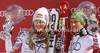 Overall Men FIS alpine skiing World cup winner Marcel Hirscher of Austria (R) and overall Women FIS alpine skiing World cup winner Lindsey Vonn of USA celebrate their trophies after last race of Audi FIS Alpine skiing World cup finals in Schladming, Austria. Last race of Audi FIS Alpine skiing World cup finals was held in Schladming, Austria, on Sunday, 18th of March 2012.
