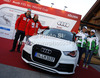 Andreas Romar, Marcus Sandell, Tanja Poutiainen and Merle Soppela of Finland (from L to R) during Audi Media Talk event, which was held on Thursday, 25th of October 2012 in Soelden, Austria. Audi Media Talk is traditional media event before start of Audi FIS Alpine skiing World cup, which will start with women giant slalom race on Saturday, 27th of October, followed by men giant slalom race which will also be held on Rettenbach glacier above Soelden, Austria, on Sunday, 28th of October 2012.
