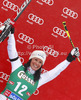 Third placed Stefanie Koehle of Austria celebrates her medal won in women giant slalom race of Audi FIS Alpine skiing World cup 2012-2013 in Soelden, Austria. First women giant slalom race of Audi FIS Alpine skiing World cup was held on Rettenbach glacier above Soelden, Austria, on Saturday, 27th of October 2012.
