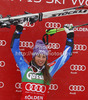 Winner Tina Maze of Slovenia celebrates her medal won in women giant slalom race of Audi FIS Alpine skiing World cup 2012-2013 in Soelden, Austria. First women giant slalom race of Audi FIS Alpine skiing World cup was held on Rettenbach glacier above Soelden, Austria, on Saturday, 27th of October 2012.
