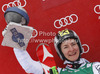 Second placed Kathrin Zettel of Austria celebrates her medal won in women giant slalom race of Audi FIS Alpine skiing World cup 2012-2013 in Soelden, Austria. First women giant slalom race of Audi FIS Alpine skiing World cup was held on Rettenbach glacier above Soelden, Austria, on Saturday, 27th of October 2012.
