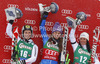 Winner Tina Maze of Slovenia (M), second placed Kathrin Zettel of Austria (L) and third placed Stefanie Koehle of Austria (R) celebrate their medals won in women giant slalom race of Audi FIS Alpine skiing World cup 2012-2013 in Soelden, Austria. First women giant slalom race of Audi FIS Alpine skiing World cup was held on Rettenbach glacier above Soelden, Austria, on Saturday, 27th of October 2012.
