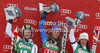 Winner Tina Maze of Slovenia (M), second placed Kathrin Zettel of Austria (L) and third placed Stefanie Koehle of Austria (R) celebrate their medals won in women giant slalom race of Audi FIS Alpine skiing World cup 2012-2013 in Soelden, Austria. First women giant slalom race of Audi FIS Alpine skiing World cup was held on Rettenbach glacier above Soelden, Austria, on Saturday, 27th of October 2012.
