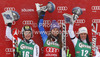 Winner Tina Maze of Slovenia (M), second placed Kathrin Zettel of Austria (L) and third placed Stefanie Koehle of Austria (R) celebrate their medals won in women giant slalom race of Audi FIS Alpine skiing World cup 2012-2013 in Soelden, Austria. First women giant slalom race of Audi FIS Alpine skiing World cup was held on Rettenbach glacier above Soelden, Austria, on Saturday, 27th of October 2012.
