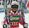 Viktoria Rebensburg of Germany rects in finish of first run of women giant slalom race of Audi FIS Alpine skiing World cup 2012-2013 in Soelden, Austria. First women giant slalom race of Audi FIS Alpine skiing World cup was held on Rettenbach glacier above Soelden, Austria, on Saturday, 27th of October 2012.

