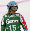 Tanja Poutiainen of Finland rects in finish of first run of women giant slalom race of Audi FIS Alpine skiing World cup 2012-2013 in Soelden, Austria. First women giant slalom race of Audi FIS Alpine skiing World cup was held on Rettenbach glacier above Soelden, Austria, on Saturday, 27th of October 2012.
