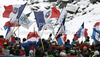 French spectators in finish of first run of women giant slalom race of Audi FIS Alpine skiing World cup 2012-2013 in Soelden, Austria. First women giant slalom race of Audi FIS Alpine skiing World cup was held on Rettenbach glacier above Soelden, Austria, on Saturday, 27th of October 2012.
