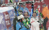 Winner Tina Maze of Slovenia (M), second placed Kathrin Zettel of Austria (R) and third placed Stefanie Koehle of Austria (L) celebrating  in finish of second run of women giant slalom race of Audi FIS Alpine skiing World cup 2012-2013 in Soelden, Austria. First women giant slalom race of Audi FIS Alpine skiing World cup was held on Rettenbach glacier above Soelden, Austria, on Saturday, 27th of October 2012.
