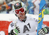 Hannes Reichelt of Austria reacts in finish of second run of men giant slalom race of Audi FIS Alpine skiing World cup 2012-2013 in Soelden, Austria. First men giant slalom race of Audi FIS Alpine skiing World cup was held on Rettenbach glacier above Soelden, Austria, on Sunday, 28th of October 2012.
