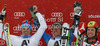 Winner Ted Ligety of USA (M), second placed Manfred Moelgg of Italy (L) and third placed Marcel Hirscher of Austria (R) celebrate their medals won in men giant slalom race of Audi FIS Alpine skiing World cup 2012-2013 in Soelden, Austria. First men giant slalom race of Audi FIS Alpine skiing World cup was held on Rettenbach glacier above Soelden, Austria, on Sunday, 28th of October 2012.

