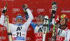 Winner Ted Ligety of USA (M), second placed Manfred Moelgg of Italy (L) and third placed Marcel Hirscher of Austria (R) celebrate their medals won in men giant slalom race of Audi FIS Alpine skiing World cup 2012-2013 in Soelden, Austria. First men giant slalom race of Audi FIS Alpine skiing World cup was held on Rettenbach glacier above Soelden, Austria, on Sunday, 28th of October 2012.
