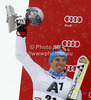 Second placed Manfred Moelgg of Italy celebrates his medal won in men giant slalom race of Audi FIS Alpine skiing World cup 2012-2013 in Soelden, Austria. First men giant slalom race of Audi FIS Alpine skiing World cup was held on Rettenbach glacier above Soelden, Austria, on Sunday, 28th of October 2012.

