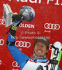 Winner Ted Ligety of USA celebrates his medal won in men giant slalom race of Audi FIS Alpine skiing World cup 2012-2013 in Soelden, Austria. First men giant slalom race of Audi FIS Alpine skiing World cup was held on Rettenbach glacier above Soelden, Austria, on Sunday, 28th of October 2012.

