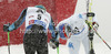 Winner Ted Ligety of USA and second placed Manfred Moelgg of Italy in finish of second run of men giant slalom race of Audi FIS Alpine skiing World cup 2012-2013 in Soelden, Austria. First men giant slalom race of Audi FIS Alpine skiing World cup was held on Rettenbach glacier above Soelden, Austria, on Sunday, 28th of October 2012.
