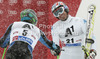 Winner Ted Ligety of USA and second placed Manfred Moelgg of Italy in finish of second run of men giant slalom race of Audi FIS Alpine skiing World cup 2012-2013 in Soelden, Austria. First men giant slalom race of Audi FIS Alpine skiing World cup was held on Rettenbach glacier above Soelden, Austria, on Sunday, 28th of October 2012.
