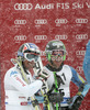 Winner Ted Ligety of USA and second placed Manfred Moelgg of Italy in finish of second run of men giant slalom race of Audi FIS Alpine skiing World cup 2012-2013 in Soelden, Austria. First men giant slalom race of Audi FIS Alpine skiing World cup was held on Rettenbach glacier above Soelden, Austria, on Sunday, 28th of October 2012.
