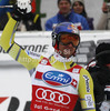 Aksel Lund Svindal of Norway reacts in the finish of the men Super-G race of Audi FIS alpine skiing World Cup in Val Gardena, Italy. Super-G race of Men Audi FIS Alpine skiing World Cup 2012 / 2013, was held on Friday, 14th of December 2012, on Saslong course in Val Gardena, Italy.
