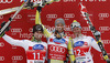 Winner Aksel Lund Svindal of Norway (middle), second placed Matteo Marsaglia of Italy (left) and third placed Werner Heel of Italy (right) celebrate their medals won in the men Super-G race of Audi FIS alpine skiing World Cup in Val Gardena, Italy. Super-G race of Men Audi FIS Alpine skiing World Cup 2012 / 2013, was held on Friday, 14th of December 2012, on Saslong course in Val Gardena, Italy.
