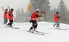 Course workers preparing course in heavy snow before start of men downhill race of Audi FIS Alpine skiing World cup 2012-2013 in Val Gardena, Italy. Man downhill race of Audi FIS Alpine skiing World cup was held on Saslong course in Val Gardena, Italy, on Saturday, 15th of December 2012.
