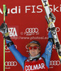 Winner Ted Ligety of USA celebrates his medal won in men giant slalom race of Audi FIS Alpine skiing World cup 2012-2013 in Alta Badia, Italy. Man giant slalom race of Audi FIS Alpine skiing World cup was held on Gran Risa course in Alta Badia, Italy, on Sunday, 16th of December 2012.
