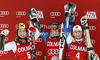 Winner Ted Ligety of USA (M), second placed Marcel Hirscher of Austria (L) and third placed Thomas Fanara of France (R) celebrate their medals won in men giant slalom race of Audi FIS Alpine skiing World cup 2012-2013 in Alta Badia, Italy. Man giant slalom race of Audi FIS Alpine skiing World cup was held on Gran Risa course in Alta Badia, Italy, on Sunday, 16th of December 2012.
