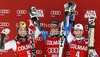 Winner Ted Ligety of USA (M), second placed Marcel Hirscher of Austria (L) and third placed Thomas Fanara of France (R) celebrate their medals won in men giant slalom race of Audi FIS Alpine skiing World cup 2012-2013 in Alta Badia, Italy. Man giant slalom race of Audi FIS Alpine skiing World cup was held on Gran Risa course in Alta Badia, Italy, on Sunday, 16th of December 2012.
