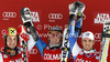 Winner Ted Ligety of USA (M), second placed Marcel Hirscher of Austria (L) and third placed Thomas Fanara of France (R) celebrate their medals won in men giant slalom race of Audi FIS Alpine skiing World cup 2012-2013 in Alta Badia, Italy. Man giant slalom race of Audi FIS Alpine skiing World cup was held on Gran Risa course in Alta Badia, Italy, on Sunday, 16th of December 2012.
