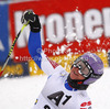 Third placed Tessa Worley of France reacts in finish of second run of women giant slalom race of Audi FIS Alpine skiing World cup 2012-2013 in Semmering, Austria. Women giant slalom race of Audi FIS Alpine skiing World cup was held in Semmering, Austria, on Friday, 28th of December 2012.
